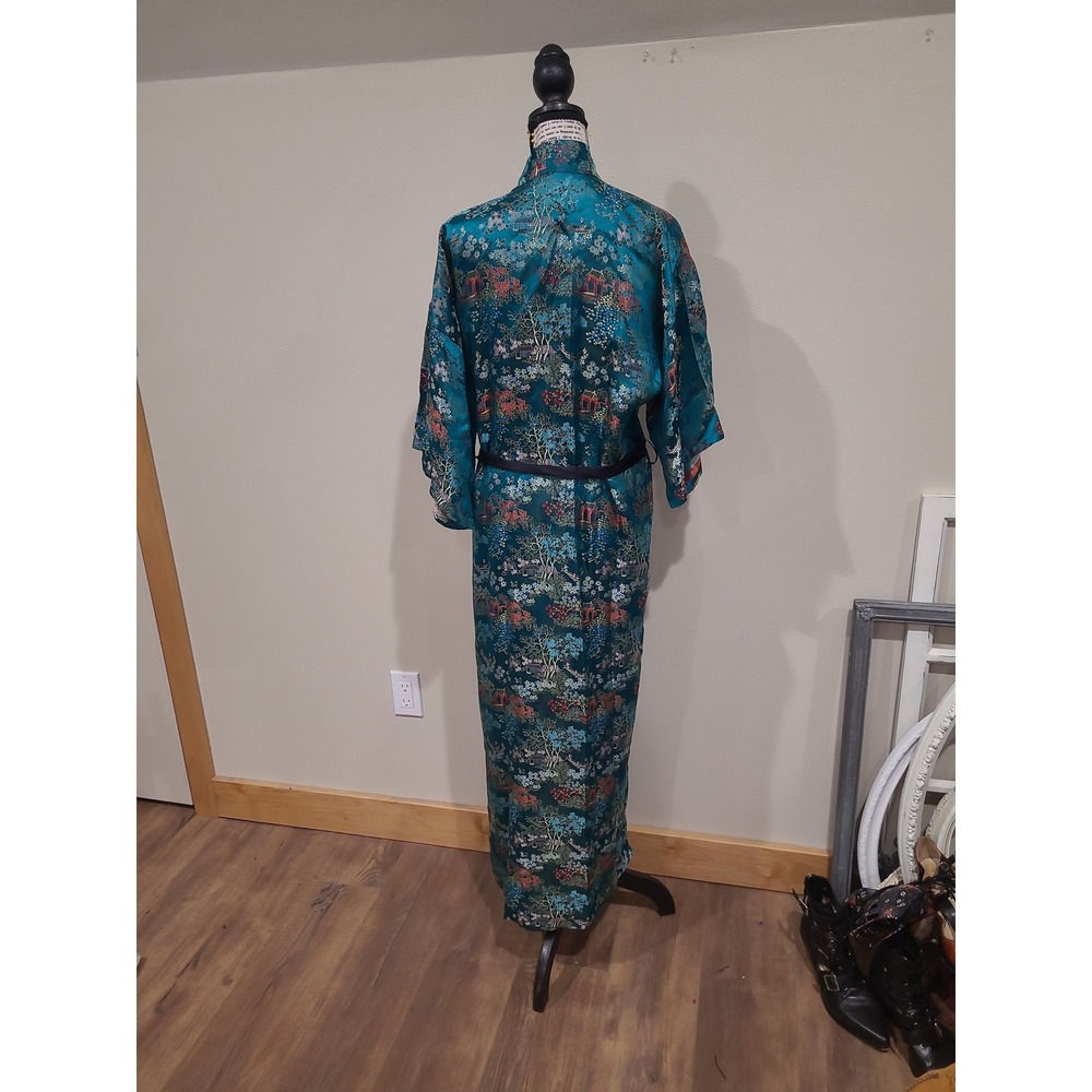 Vintage Eastex Kimono Robe women SZ‎ M Teal all over Floral Japan jacquard print - Picture 4 of 11